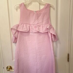 Womens Small Pink Seersucker Dress Ruffle Sleeve Drop Shoulder